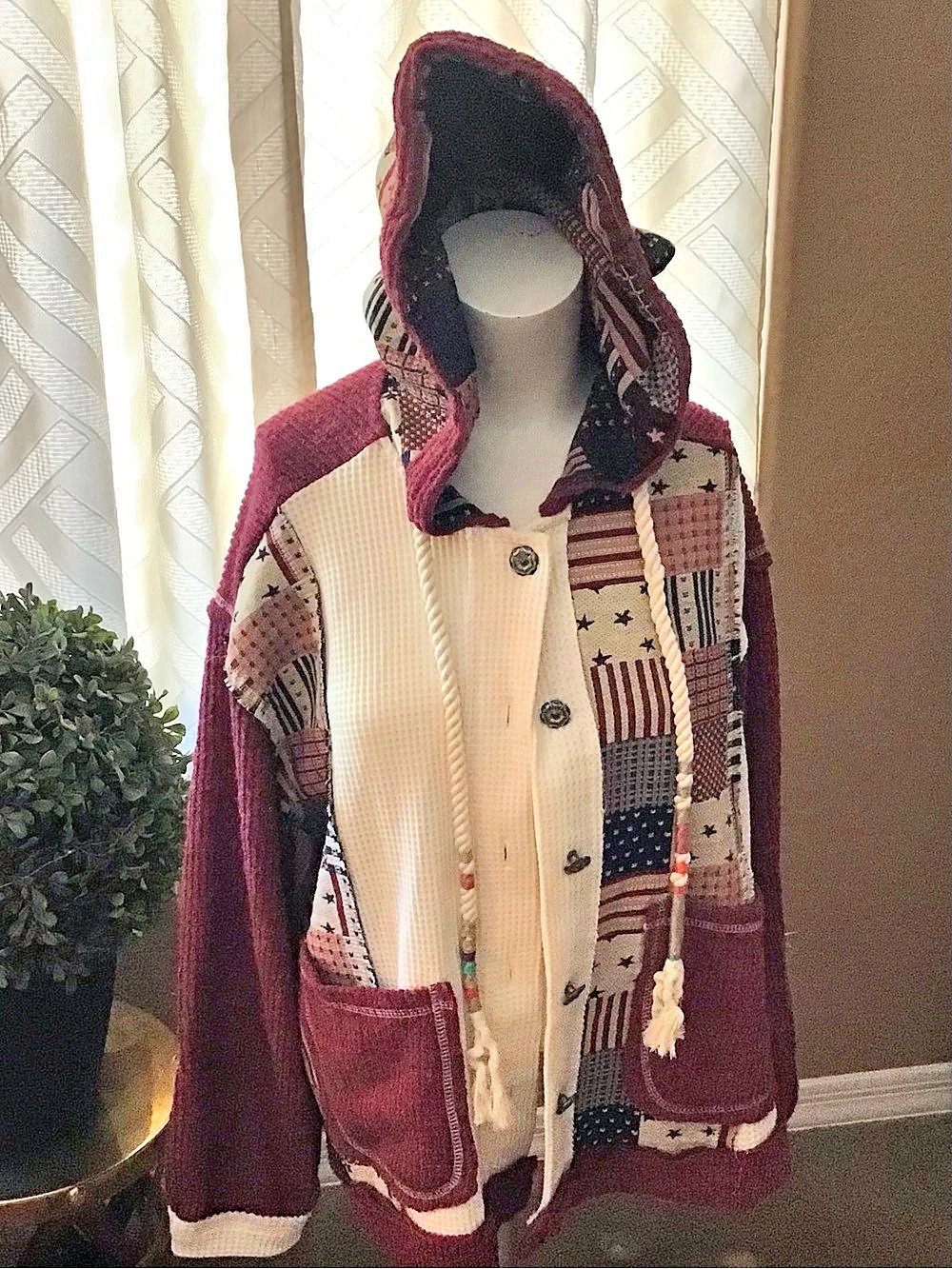NWOT POL Flag Patchwork Hooded Cardigan Burgundy & Cream Sz: S #Boho #Americana